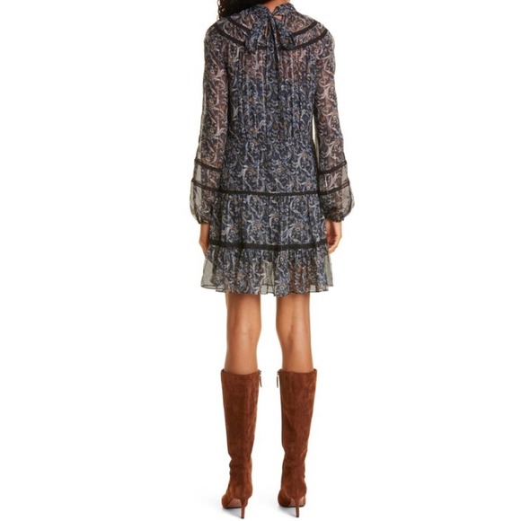 NWT VERONICA BEARD RAHLA FLORAL LACE TRIM LONG SLEEVE SILK DRESS 4 BLACK MULTI - Picture 2 of 8